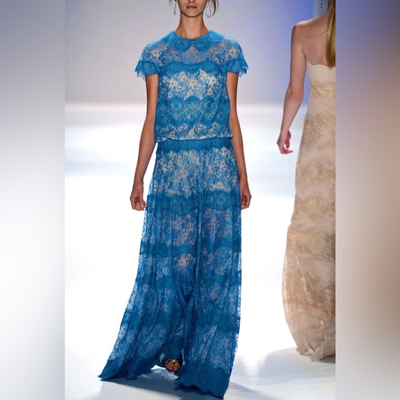 Tadashi Shoji Blue Lace Maxi Dress Size 16 Elegant Formal Evening Gown - Picture 1 of 15